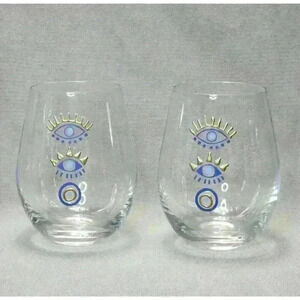 Evil Eye Stemless Wine Glass Blue Gold Enamel Barware Set of 2 Glasses Tumblers